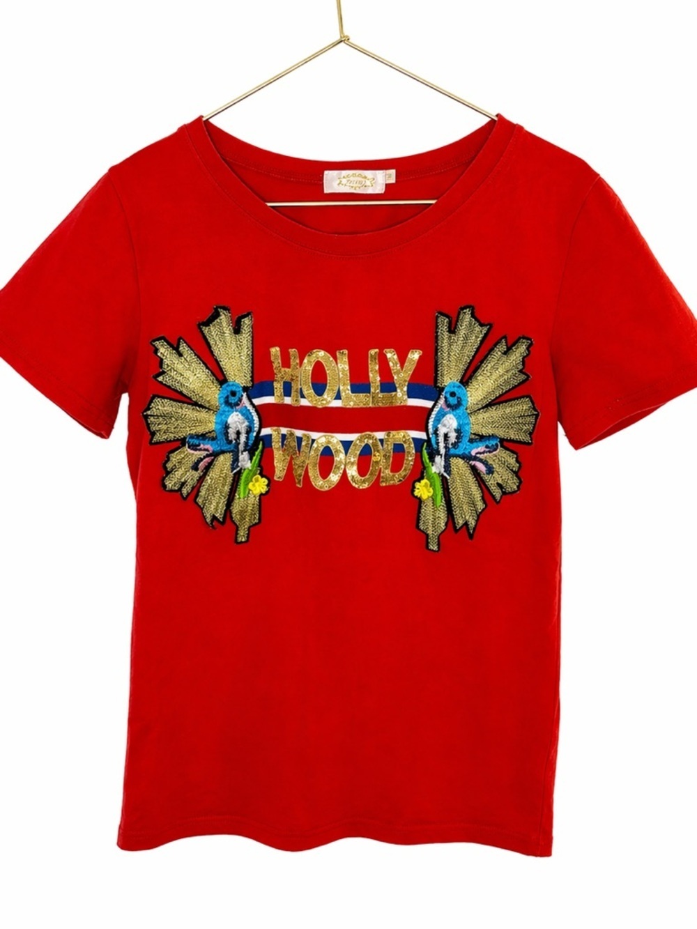 🆓 $0 WITH PURCHASE - VATIVI Red Hollywood Graphic Tee Bird Sequin Top Sz M